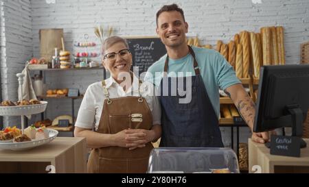 Femme et homme souriant dans une boulangerie, portant des tabliers, debout derrière le comptoir avec diverses pâtisseries et du pain exposés, reflétant un moi joyeux Banque D'Images