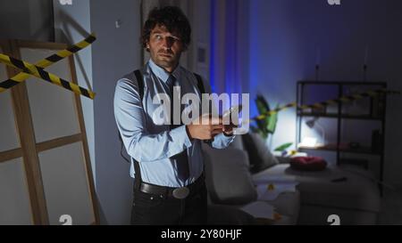 Un jeune homme hispanique avec une barbe examine une scène de crime à l'intérieur la nuit, tenant un smartphone. Banque D'Images