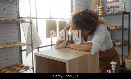 Femme appuyée sur le comptoir dans la boulangerie, l'air fatiguée, avec des étagères de pain et de pâtisseries derrière elle dans un intérieur de magasin bien éclairé. Banque D'Images
