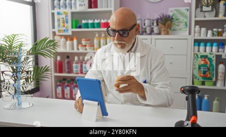 Homme senior en pharmacie avec les cheveux gris et la barbe, portant un manteau blanc et des lunettes, examinant une bouteille de médicament tout en utilisant un comprimé dans une pharmacie avec Banque D'Images