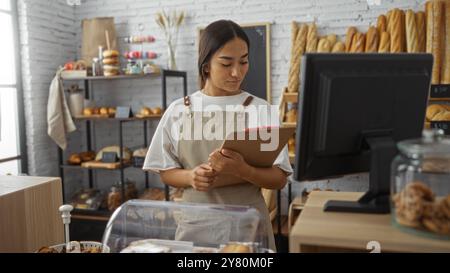 Jeune femme travaillant dans une boulangerie prenant des notes sur un bloc-notes tout en se tenant debout près d'un comptoir avec un ordinateur à l'intérieur d'une pièce remplie de pain et de pâtisseries Banque D'Images