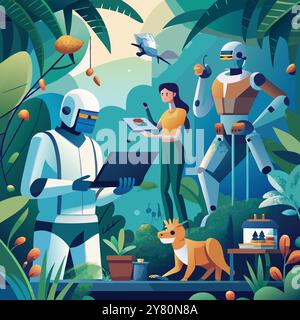 Une illustration colorée et stylisée représentant des robots interagissant avec un humain dans un cadre de jungle luxuriante. La scène suggère un avenir où la technologie Illustration de Vecteur