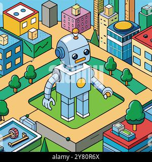 Robot de dessin animé mignon se trouve dans un parc de la ville avec des bâtiments colorés et des arbres. Cette illustration ludique est parfaite pour les projets sur la technologie. innova Illustration de Vecteur