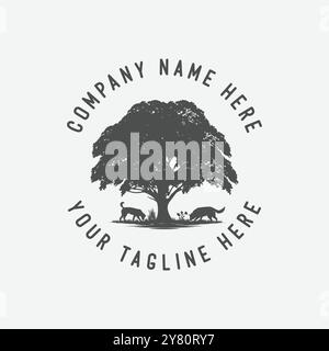 Oak Banyan Maple Tree Silhouette avec chien et herbe illustration logo vecteur de conception Illustration de Vecteur