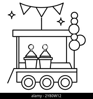 Une illustration simple d'art au trait d'un chariot de nourriture festif avec un auvent. deux conteneurs. et des ballons. Ce design fantaisiste est parfait pour ajouter une touche de fantaisie Illustration de Vecteur