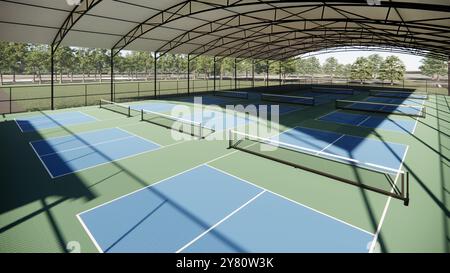 terrain de pickleball avec vue en angle avec structure ombragée Banque D'Images