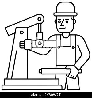 Une illustration simple de dessin au trait d'un travailleur actionnant un cric de pompe. Cette image en noir et blanc est parfaite pour représenter l'industrie pétrolière et gazière. ene Illustration de Vecteur