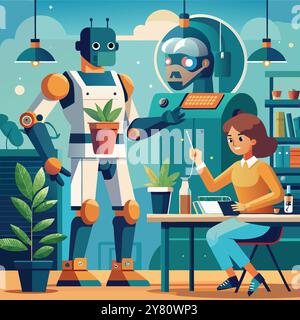 Un robot sympathique aide une femme à travailler à son bureau. Suggérer les avantages de l'IA dans un environnement de bureau moderne. Illustration de Vecteur