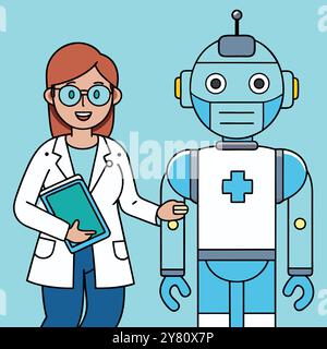 Une femme amicale médecin avec une tablette se tient à côté d'un robot médical portant un masque facial. Les deux sourient. Symbolisant un avenir où IA et santé Illustration de Vecteur