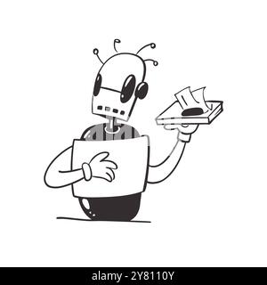 Un amical. robot de dessin animé tient une pile de billets dans sa main. l'offrir au spectateur. Le robot a un design simple et un charme. approchabl Illustration de Vecteur