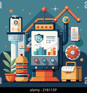 Illustration colorée représentant une machine alimentée par IA avec une icône de bouclier. graphique à barres. et engrenages. représenter les données sécurisées et l'automatisation. Parfait pour Illustration de Vecteur