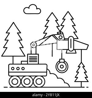 Illustration simple au trait d'une machine forestière coupant des arbres. Parfait pour le matériel éducatif. présentations. ou conception de site web. Illustration de Vecteur