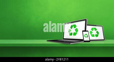 Ordinateur portable, tablette PC et smartphone sur une étagère avec un symbole de recyclage à l'écran. concept de conservation de l'environnement. 3D illustration isolée sur bac vert Banque D'Images