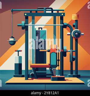 Une illustration vectorielle plate d'une machine de gymnastique multi-station. isolé sur fond bleu et orange. Idéal pour les conceptions liées au fitness et à l'exercice. Illustration de Vecteur