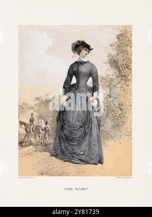 Dame victorienne chevauchant un cheval. Femme équestre vintage d'une plaque de livre 1857. Publié à l'origine à Londres. Banque D'Images