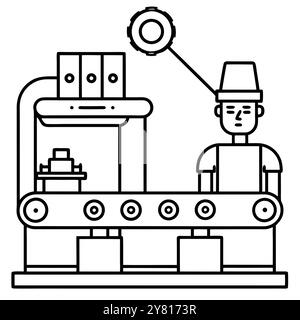 Illustration au trait d'un système de bande transporteuse avec un travailleur et un engrenage. Cette icône peut être utilisée pour l'automatisation. fabrication. et les sociétés liées à l'industrie Illustration de Vecteur