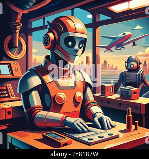 Un robot futuriste avec un casque rouge élégant actionne une console dans une salle high tech donnant sur un paysage urbain. L'illustration évoque un sentiment d'avance Illustration de Vecteur