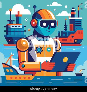 Robot AI dans un cadre maritime. tenir un ordinateur portable. représenter l'automatisation et la technologie dans l'expédition et la logistique. Illustration de Vecteur