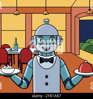 Un serveur robot sympathique. porter un noeud papillon. sert de la nourriture aux clients dans un restaurant. Cette illustration de bande dessinée est parfaite pour mettre en valeur le Illustration de Vecteur