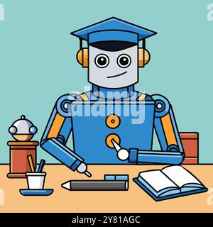 Un robot sympathique portant une casquette de graduation est assis à un bureau. prêt à apprendre. Le robot tient un crayon et pointe sur un bouton de son ordinateur. sugg Illustration de Vecteur