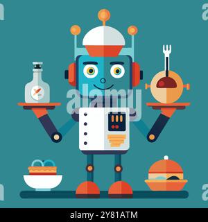 Sympathique robot serveur sert divers plats avec un grand sourire. Parfait pour illustrer l'automatisation. hospitalité. et futurs concepts. Illustration de Vecteur