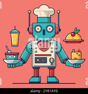 Un chef robot sympathique sert une variété de délicieuses friandises. mettre en valeur l'automatisation dans le monde culinaire. Parfait pour la technologie alimentaire. robotique. et resta Illustration de Vecteur