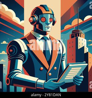 Un robot futuriste dans un costume d'affaires tient un document. L'image est conçue dans un audacieux. style rétro avec des couleurs vives et des formes géométriques. Parfait Illustration de Vecteur