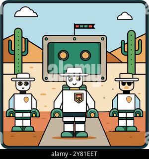 Robots de dessin animé mignons dans un paysage désertique avec des cactus et un lecteur de cassettes vintage. Parfait pour les enfants. technologie. et des designs rétro. Illustration de Vecteur