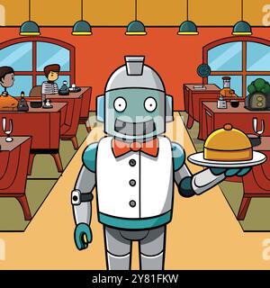 Un serveur robot de dessin animé convivial sert un repas dans un cadre de restaurant. Parfait pour illustrer l'automatisation. technologie future. Et le concept d'IA i. Illustration de Vecteur