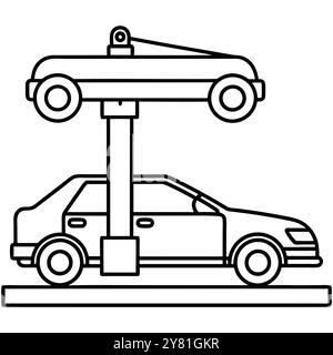 Simple dessin au trait d'une voiture soulevée par un ascenseur de voiture. Parfait pour illustrer la réparation de voiture. maintenance. ou des services automobiles. Illustration de Vecteur