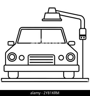 Illustration simple d'art au trait d'une voiture sous un lave-auto. Idéal pour une utilisation dans le lavage de voiture. automobile. et les matériaux de nettoyage connexes. Illustration de Vecteur