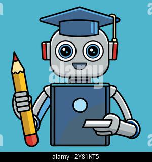 Un robot sympathique portant une casquette de graduation tient un crayon et un ordinateur portable. C'est une illustration amusante et colorée représentant l'apprentissage et l'éducation de l'IA. Illustration de Vecteur