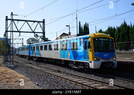 Vue latérale d'un train Siemens Nexas en direction de Sandringham, exploité par Metro trains Melbourne, lorsqu'il arrive à la gare de Windsor par une journée ensoleillée Banque D'Images