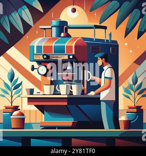 Un barista prépare un café dans un café tendance aux formes géométriques audacieuses et aux couleurs éclatantes. La scène représente le processus de fabrication du café. highligh Illustration de Vecteur