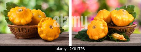 Pattypan avec feuille de courge jaune dans un panier en osier sur fond flou de table en bois Banque D'Images