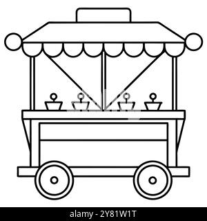 Illustration simple d'art au trait noir et blanc d'un stand de nourriture mobile avec des roues et un auvent. Parfait pour représenter la nourriture de rue. étals de marché. ou Illustration de Vecteur