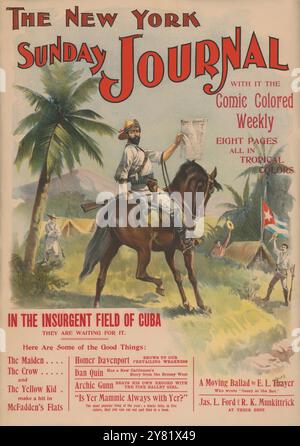 Le journal du dimanche de New York avec lui l'hebdomadaire coloré de bande dessinée, huit pages toutes en couleurs tropicales, 1896 - Un homme à cheval tenant le journal du dimanche dans une main et un fusil dans l'autre ; les hommes dans le camp acclamant ; drapeau cubain en arrière-plan Banque D'Images