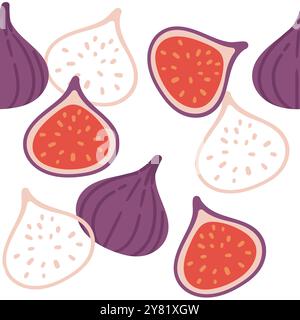 Motif sans couture deux figues fraîches, un fruit mûr entier et un fruit mûr coupé en deux en peau violette. Aliment tropical vitaminé sain. Manger exotique bio. Plat Illustration de Vecteur