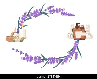 Un arrangement floral de fleurs de lavande. Cadre décoratif moderne élégant. Motif carte postale spa. Illustration vectorielle isolée sur fond blanc Illustration de Vecteur