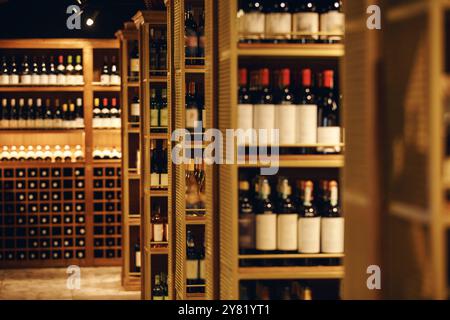 Cave à vin avec étagères remplies de différentes positions de bouteilles. Étagères à vin haut avec bouteilles remplies de boissons alcoolisées d'élite dans la cave du grand magasin. Banque D'Images