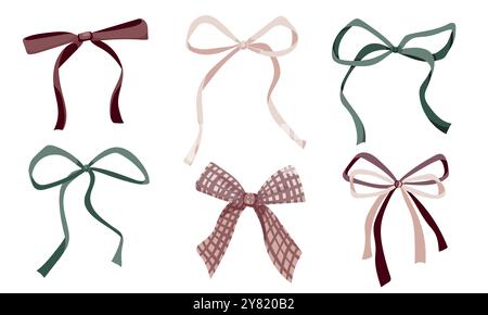 Une collection de noeuds en ruban simples dans un style rétro. Arcs dans des tons muets pour anniversaire, cadeaux, Noël Illustration de Vecteur