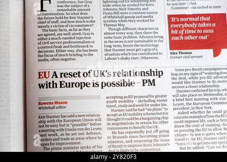 "UE Une réinitialisation des relations du Royaume-Uni avec l'Europe est possible - PM" Keir Starmer Guardian titre du journal 28 septembre 2024 Londres Angleterre Royaume-Uni Banque D'Images