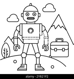 Simple dessin au trait d'un robot portant une mallette. ensemble sur une toile de fond de montagne et de nuages. Parfait pour illustrer des concepts liés à Un Illustration de Vecteur