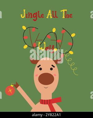 Joyeuses fêtes 2024 carte de voeux. Carte postale de personnage de cerf de dessin animé de Noël mignon et drôle avec des souhaits chaleureux. Jingle jusqu'au bout Illustration de Vecteur