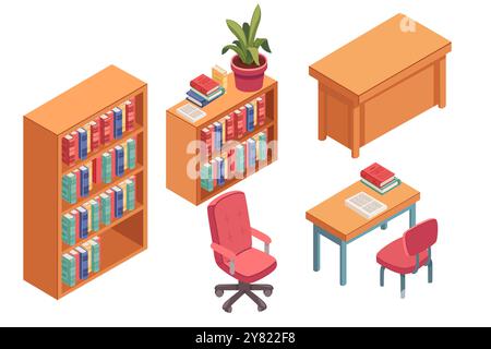 Ensemble de mobilier isométrique de bureau ou d'école avec bureau, étagères et chaises. Illustration vectorielle isolée sur fond blanc, Illustration de Vecteur