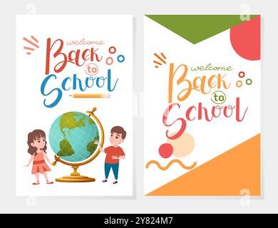 Affiche de retour à l'école avec les enfants et le globe. Bienvenue de retour à l'école. Police colorée. Style de lettrage dessiné à la main, calligraphie. Prêt pour la carte de voeux Illustration de Vecteur