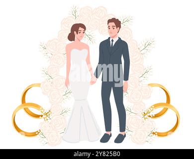 Couple de mariage. Mariée en robe blanche et marié en costume bleu se tenant les mains. Cérémonie de mariage avec anneaux d'or et arc de fleurs. Dessin animé Illustration de Vecteur