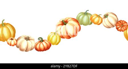 Citrouilles colorées. Bordure sans couture ondulée d'automne. Répétition de l'automne à Thanksgiving ou Halloween. Illustration d'aquarelle dessinée à la main isolée Banque D'Images