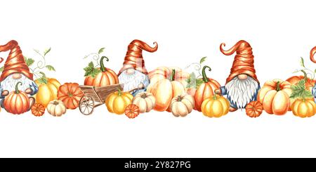 Gnomes avec citrouilles et chariot en bois. Bordure sans couture d'automne. Répétition de l'automne à Thanksgiving ou Halloween. Illustration d'aquarelle dessinée à la main Banque D'Images