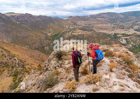 Un couple de randonneurs marchant avec leurs bâtons et sacs à dos sur une colline. Banque D'Images